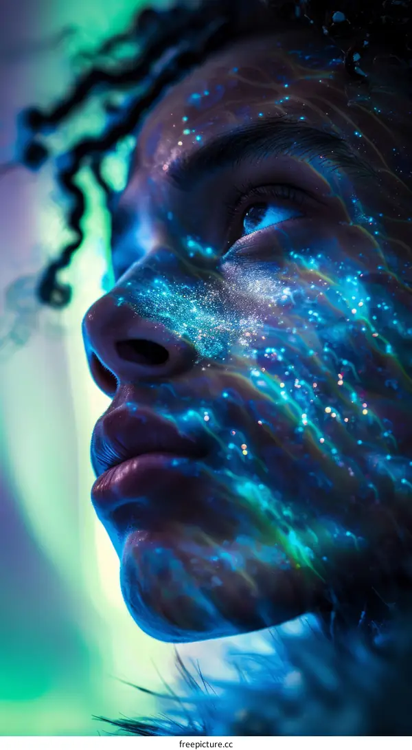 Portrait of a young man with blue and green paint on his face