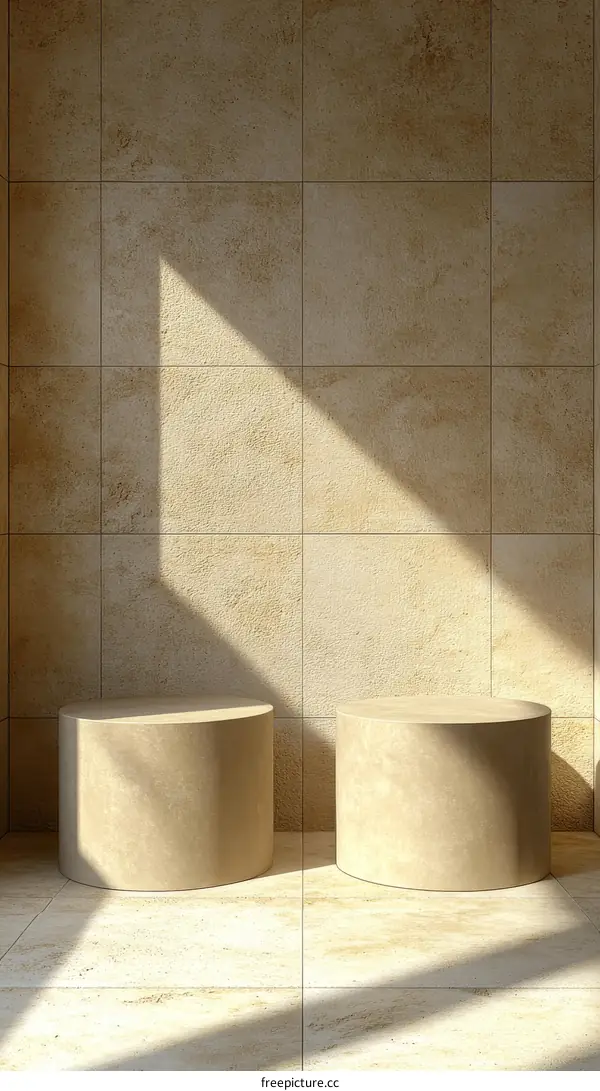 Beige Cylindrical Display Stands on Tiled Floor