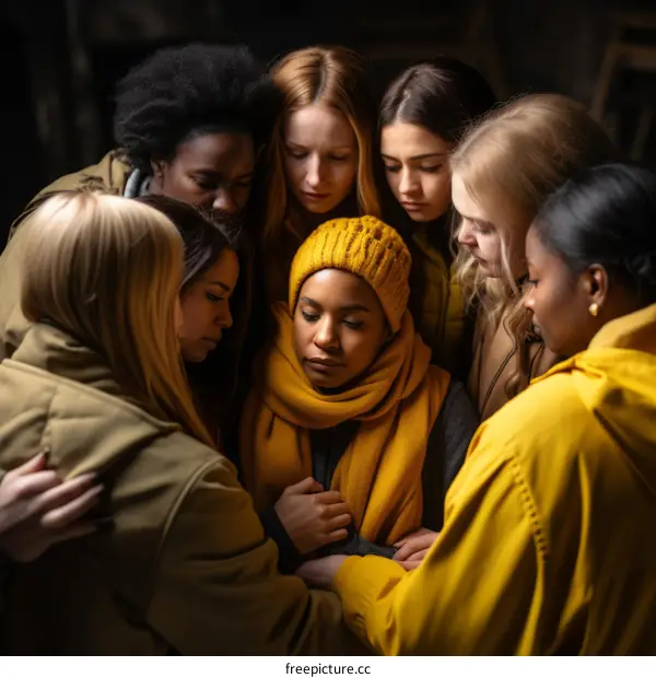 A group of diverse women huddle together in a circle for comfort and support.