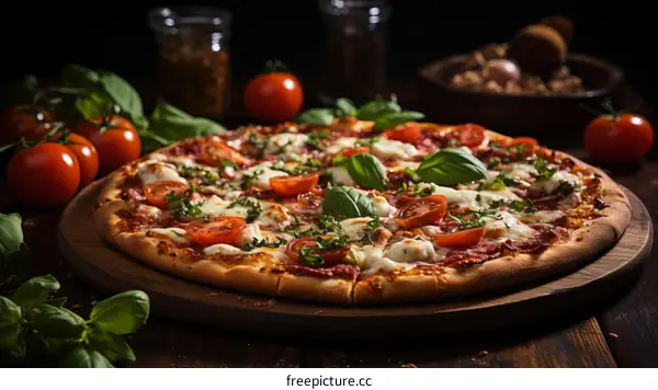 A tempting pizza with fresh tomatoes, basil, and mozzarella