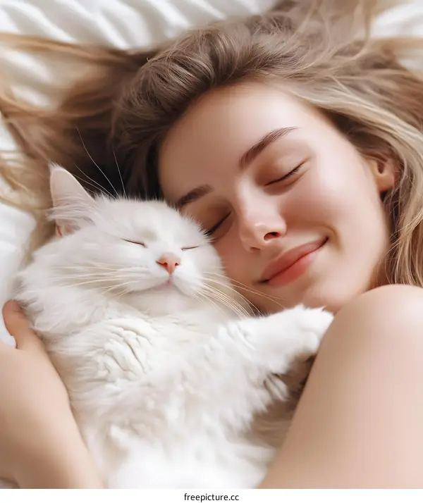 Woman Sleeping with White Cat in Bed
