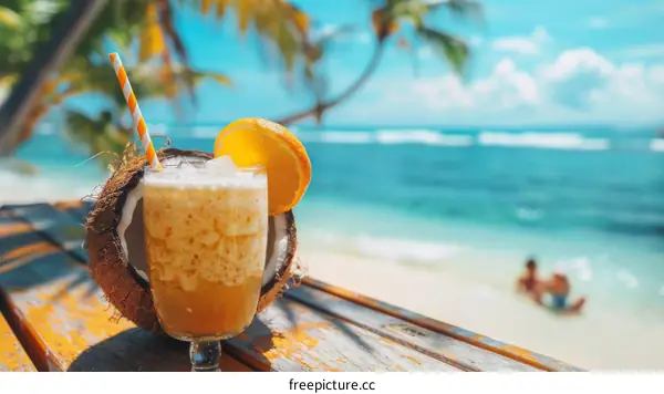 Refreshing coconut cocktail on the beach with a couple in the background