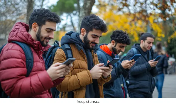 Group of Young Men Outdoors Using Smartphones