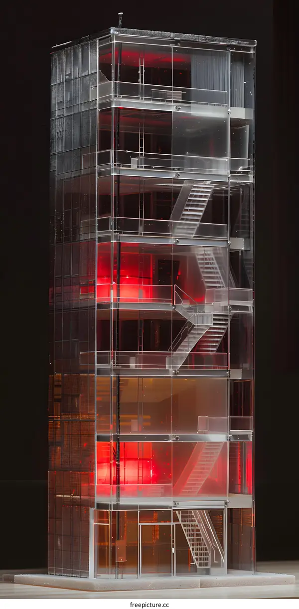 Glass Building Model with Red Lighting
