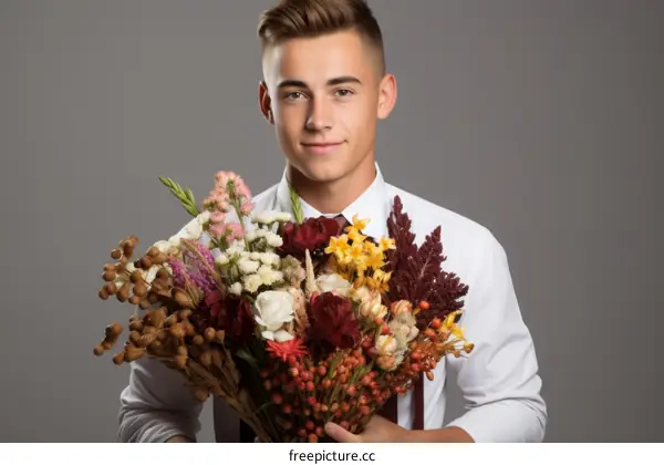 Young man holding a bouquet of flowers