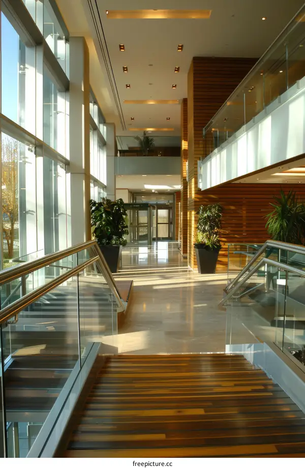 Modern Office Interior with Glass Walls and Wooden Staircase