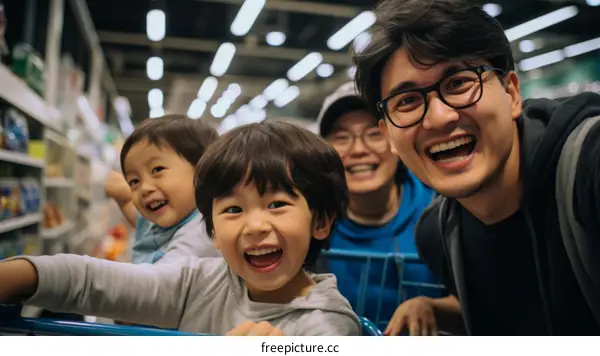 Happy family shopping in supermarket
