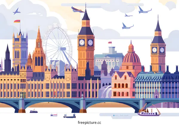 London Skyline Illustration Featuring Big Ben and the London Eye