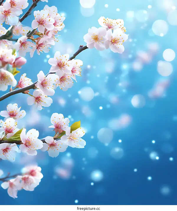 Beautiful Cherry Blossom Flowers Blooming on a Branch with a Blue Blurred Background