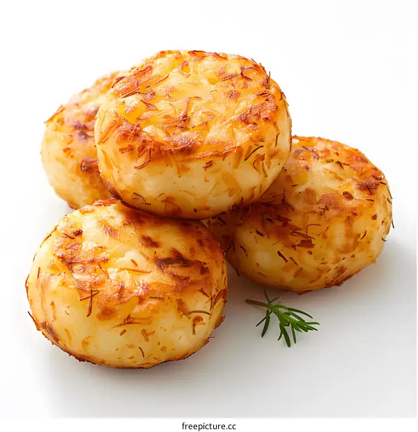 Four potato pancakes on a white background