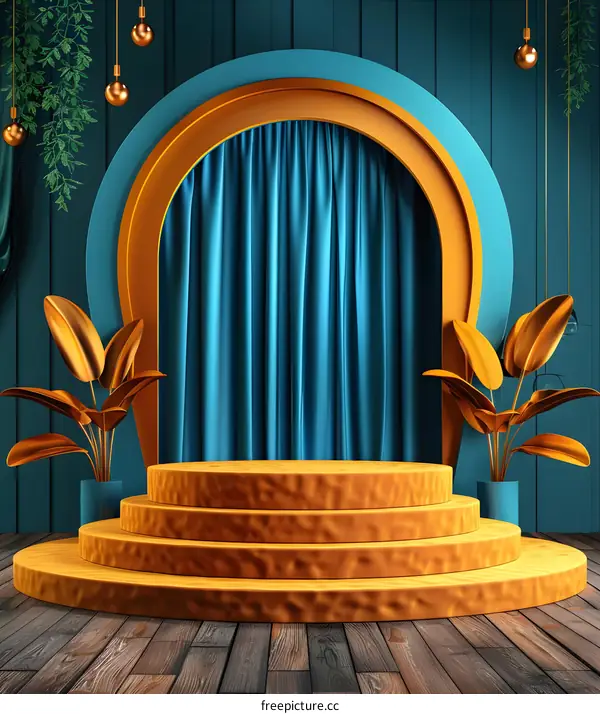 Gold Podium With Teal Curtain and Plants 3D Illustration