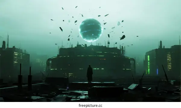 A lone figure stands before a glowing spherical object in a dystopian city