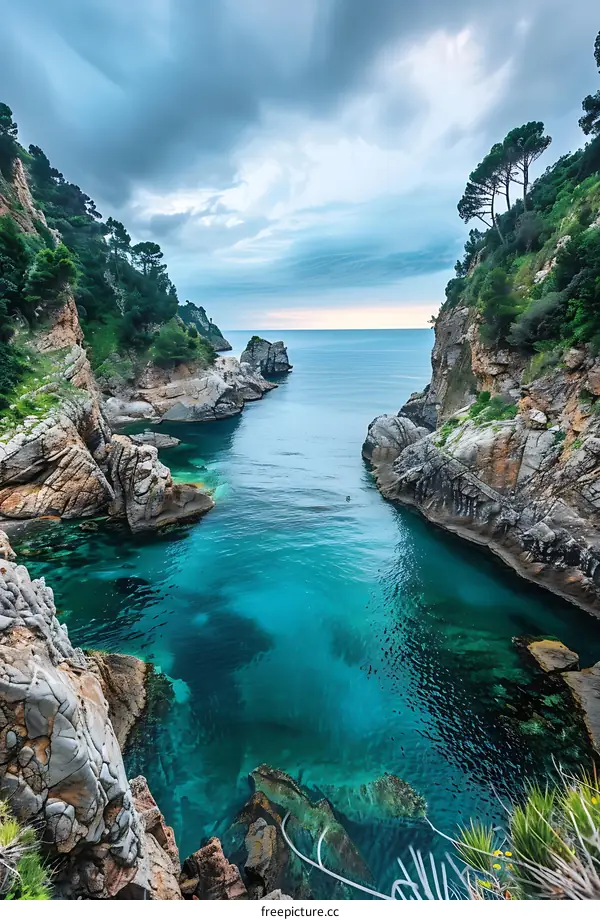 Aerial View of a Narrow Inverted V Shaped Inlet in the Mediterranean Sea