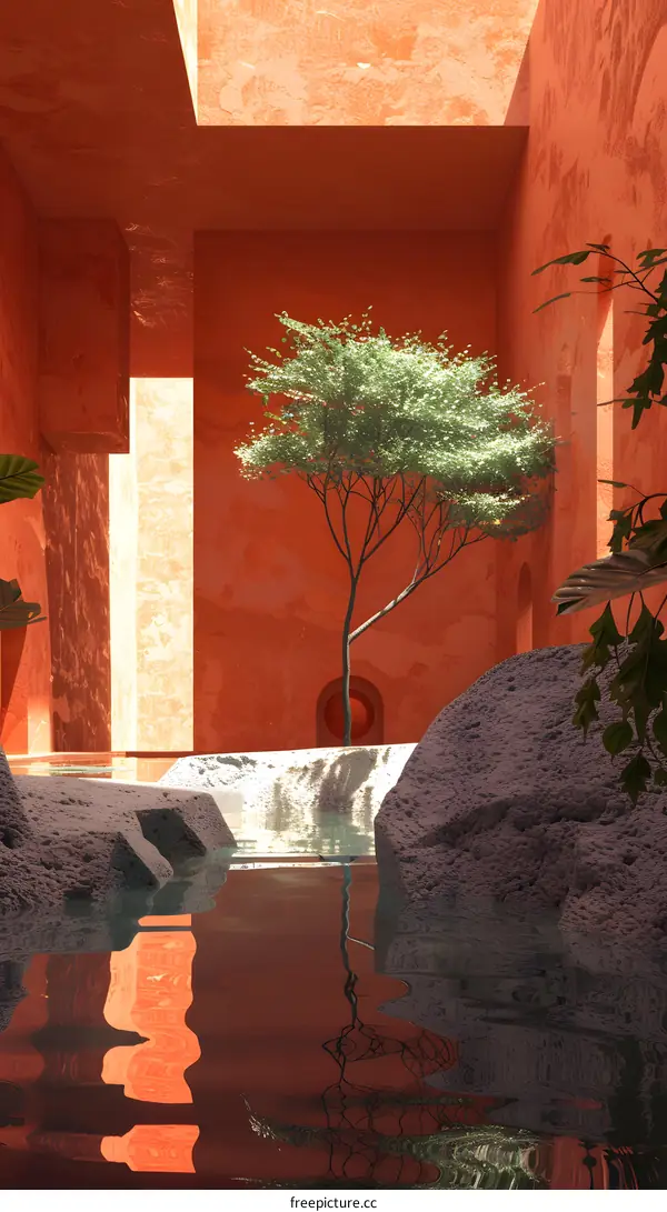 Minimalist Interior Design With Tree And Water Reflection