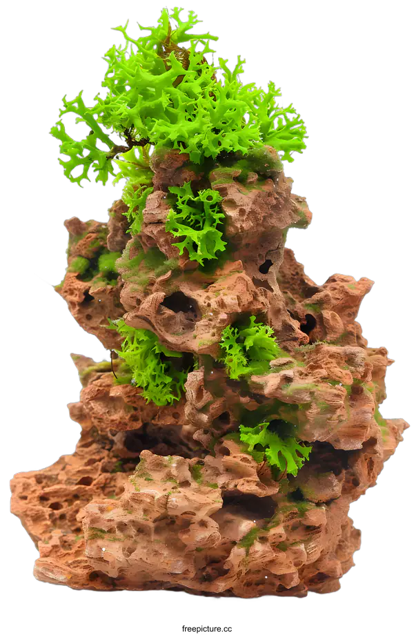 [Transparent Background PNG]Green Moss on Rock Formation Isolated on White Background