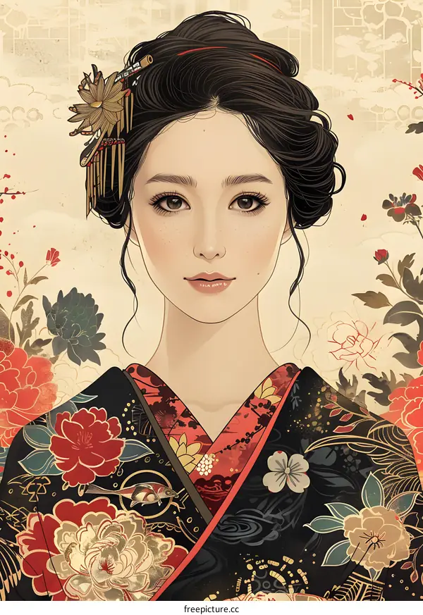 A digital painting of a young woman with black hair wearing a kimono with a floral pattern and a red obi.