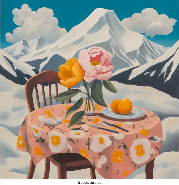 Table Setting with Flowers and Fruit in Front of a Mountain Landscape