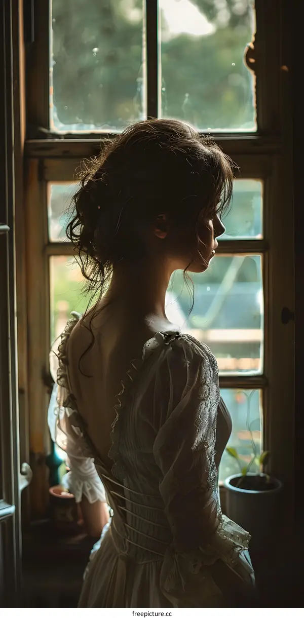 girl in white dress looking out the window