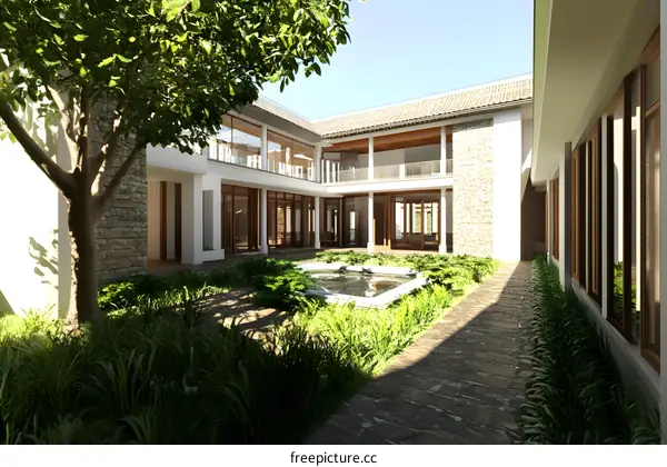 Modern Courtyard Design with a Small Pond