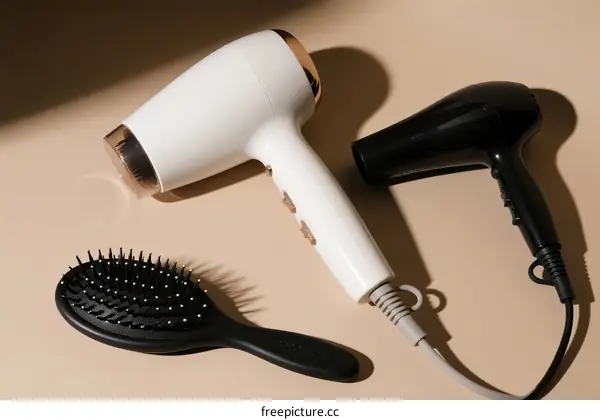 Two hair dryers and a hairbrush for hair care