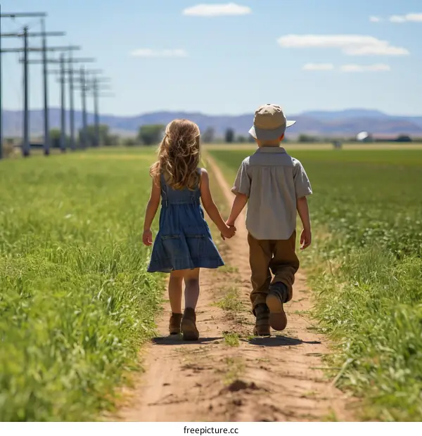 Little boy and girl holding hands walking in a rural field