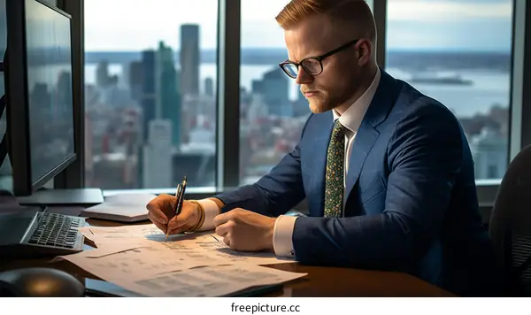 Businessman in suit jacket working on documents at desk in high-rise office