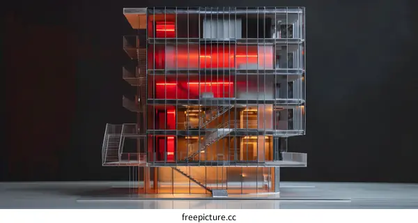Glass Building Model with Red Lights