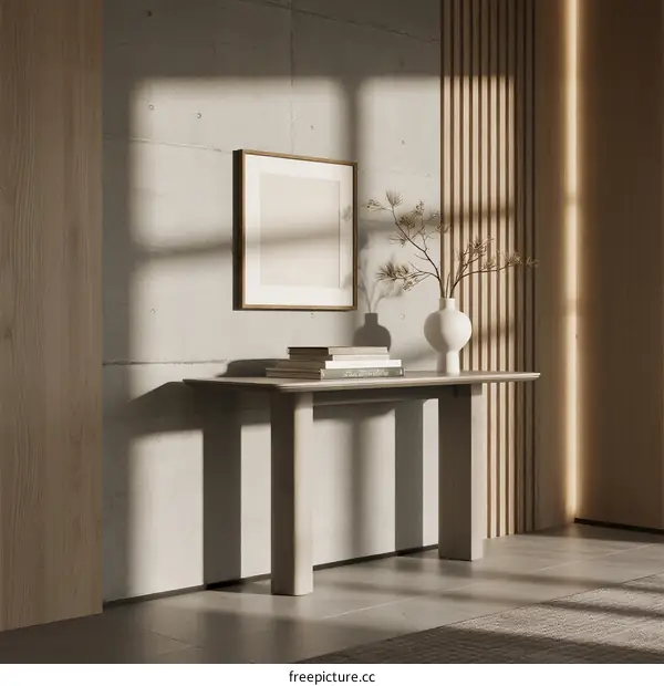 Minimalist Console Table with Art and Vase in Bright Room
