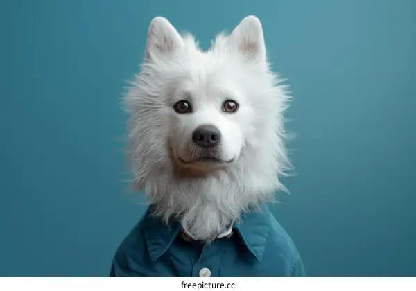 A white dog wearing a blue shirt