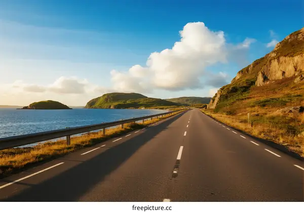 Scenic road by the sea with clear blue sky and clouds