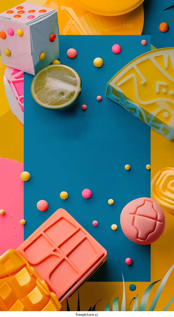 Abstract Colorful 3D Shapes with Lime Slice and Palm Leaves