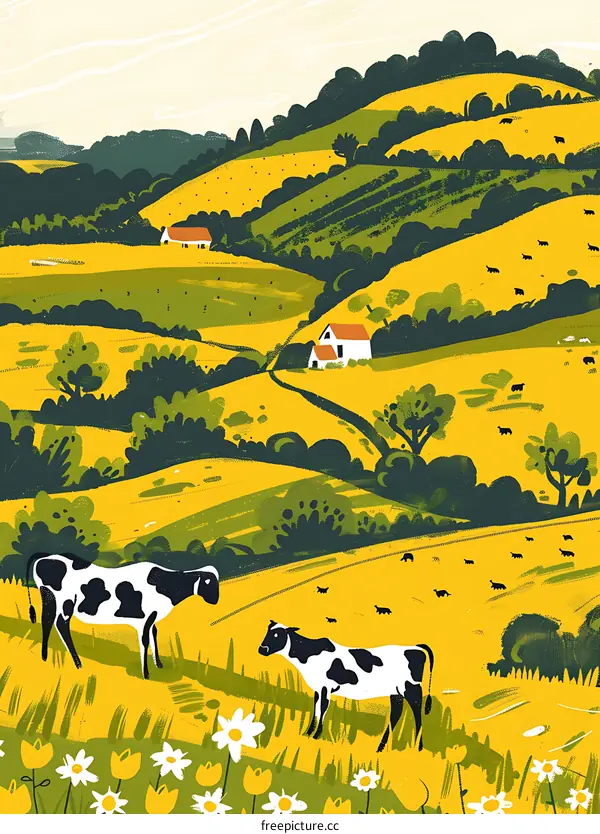 Countryside Landscape with Cows and Flowers