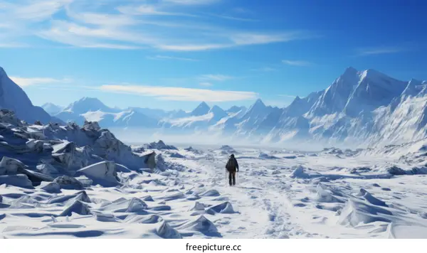 A lone climber traverses a vast snow field in the Himalayas.