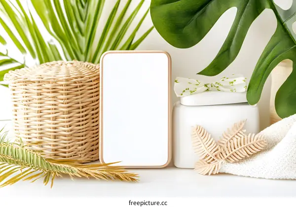 Blank White Frame Mockup With Tropical Leaves And Wicker Basket