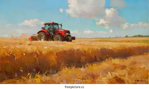 Red Tractor Working in Golden Wheat Field Under Blue Sky