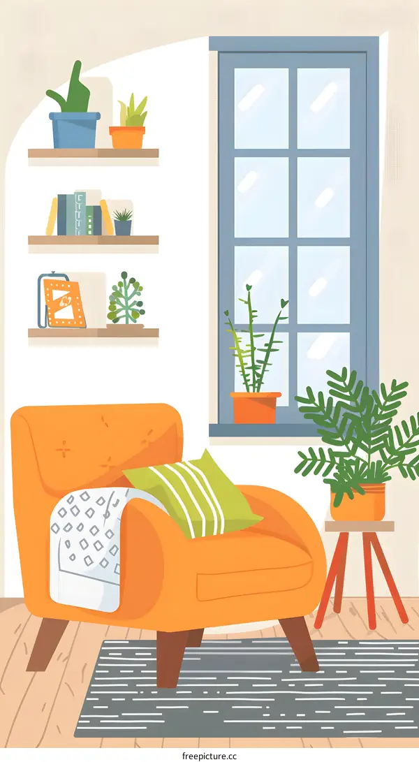 Cozy Living Room with Orange Armchair and Plants