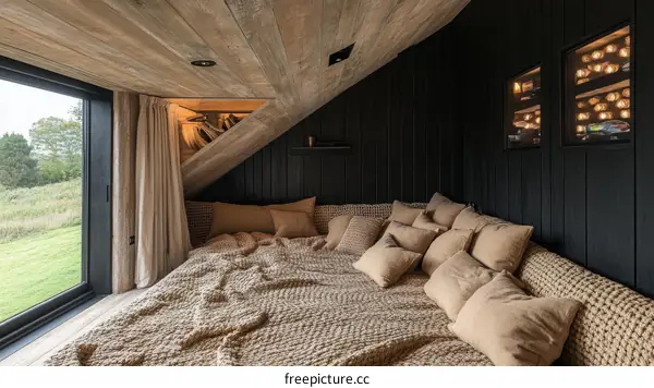 Modern Rustic Bedroom with Wooden Ceiling and Black Walls