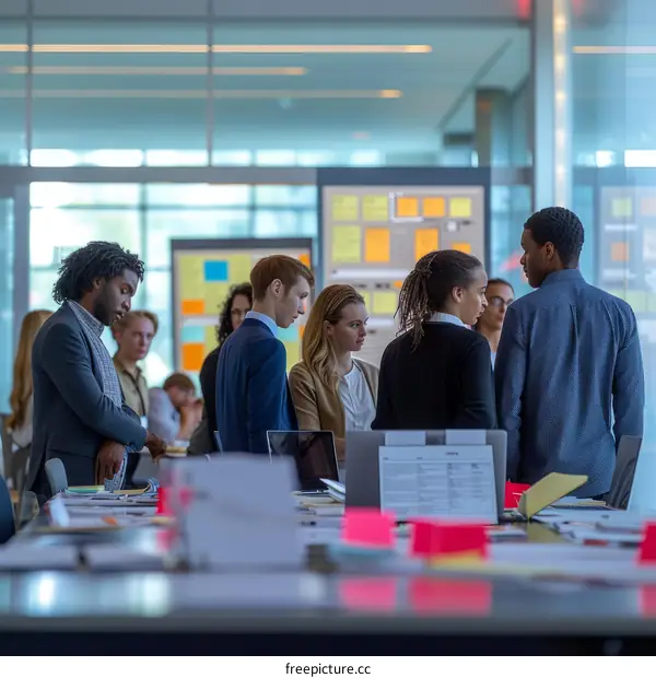 Colleagues discussing ideas in a modern office