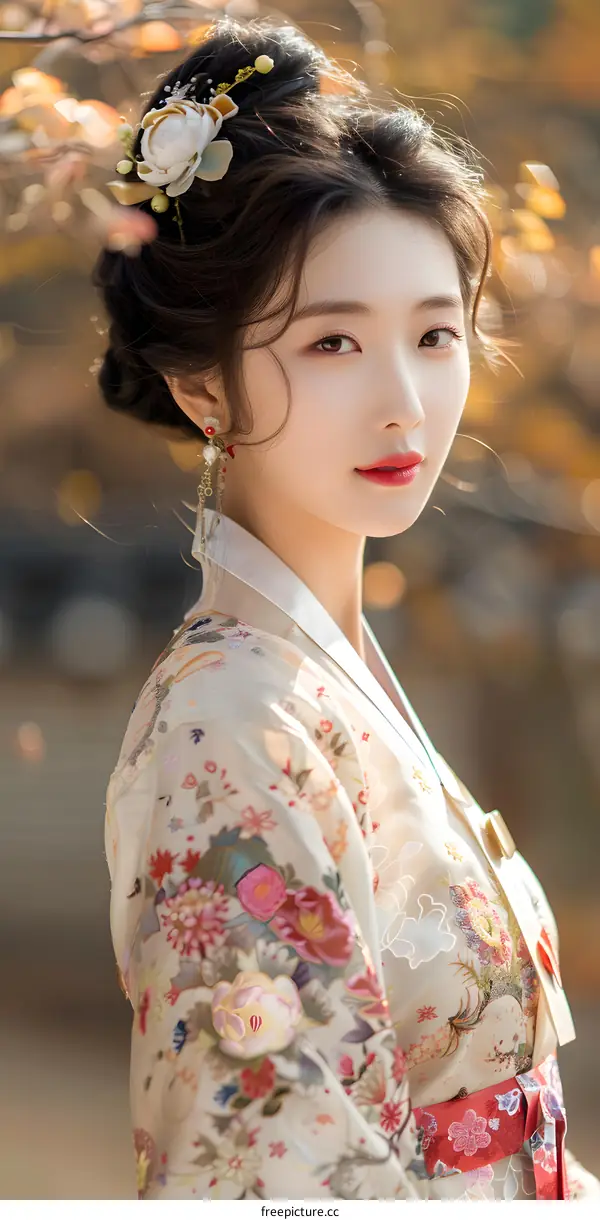 Portrait of a beautiful Asian woman in traditional Korean dress, or Hanbok