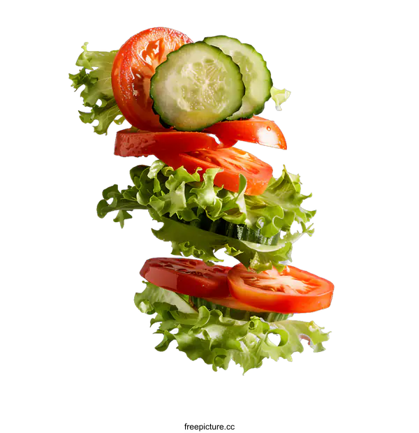 [Transparent Background PNG]Fresh vegetables cucumber tomato lettuce salad levitating in the air
