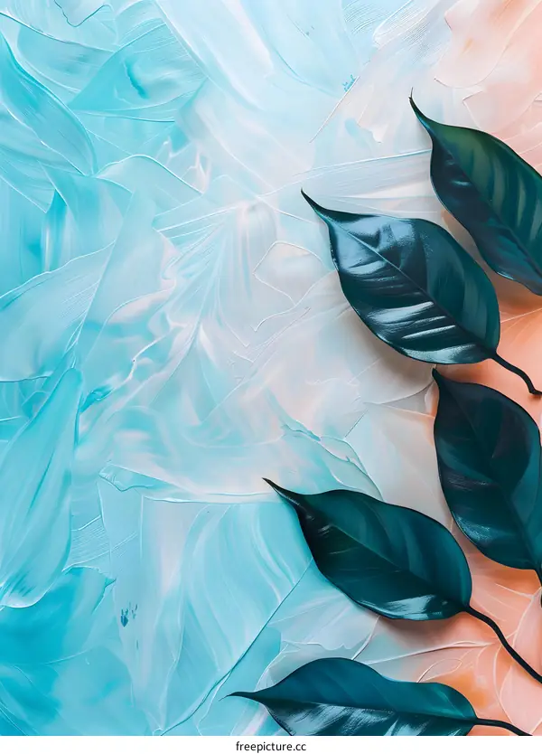 Blue and Peach Background with Green Leaves
