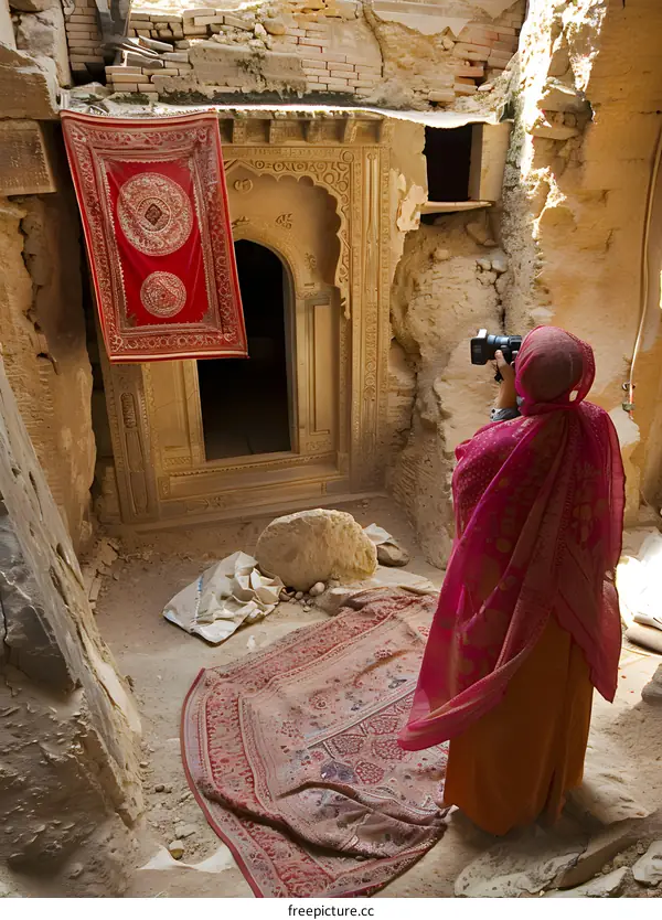 Woman in Pink Sari Takes Photos in Abandoned Indian Building