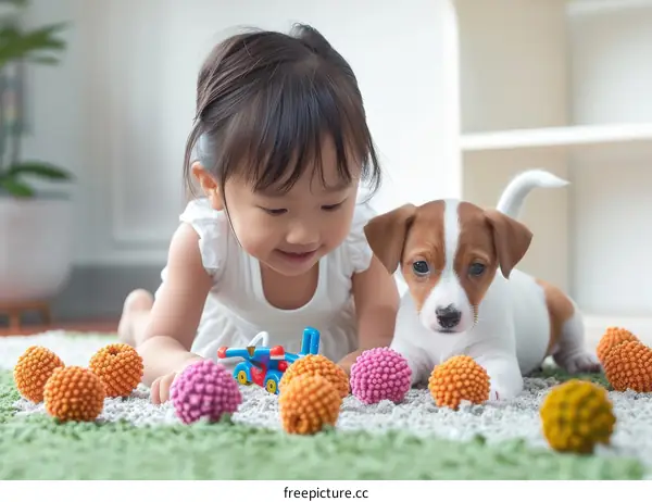 Asian toddler girl playing with a puppy
