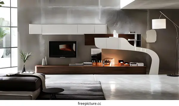 Modern Living Room Interior Design with White Cabinets and Wooden Entertainment Center