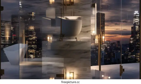 Modern bathroom with a city view