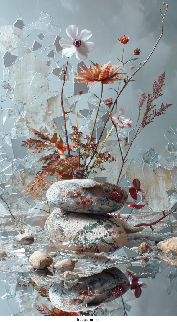 Still life with a bouquet of flowers in front of a broken mirror