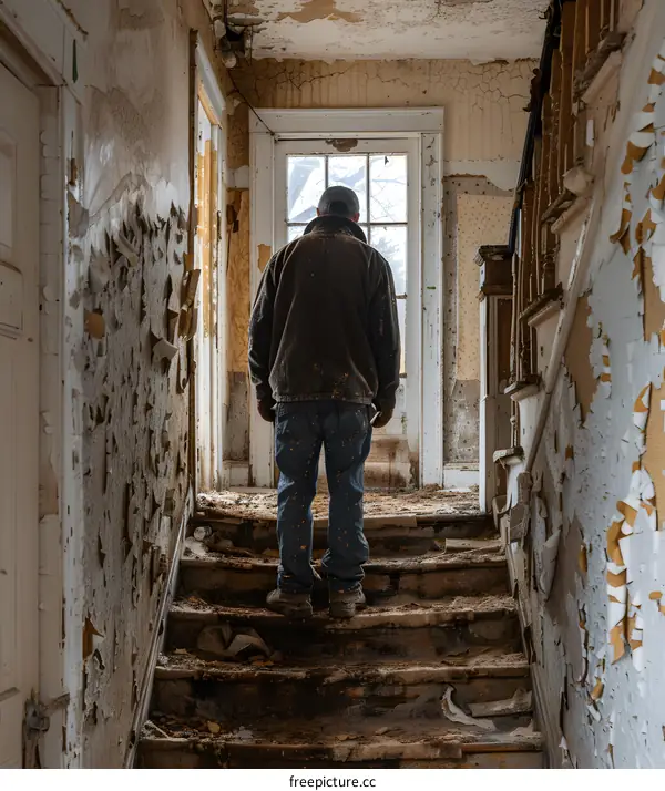 A man standing in a ruined house