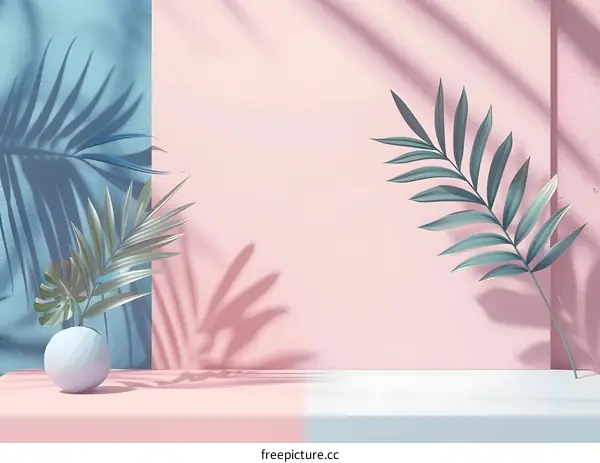 Tropical Leaves Background with Pink and Blue Walls