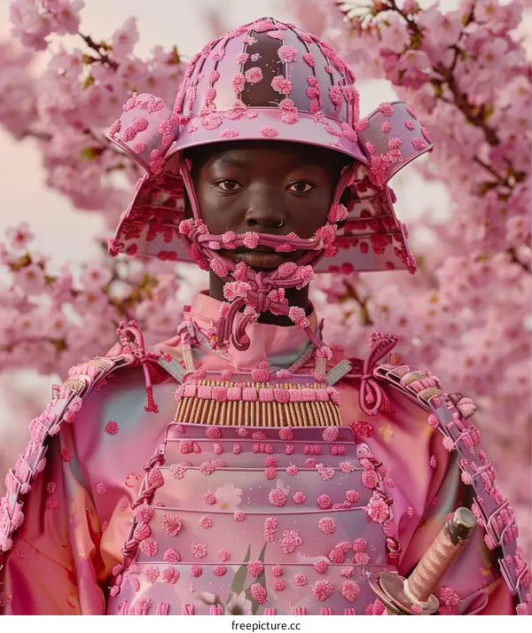 Black samurai in pink armor amidst blooming cherry blossoms