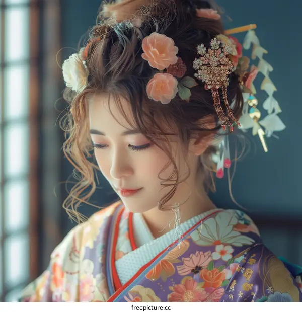 Portrait of a beautiful Japanese woman in traditional kimono with floral hair accessories